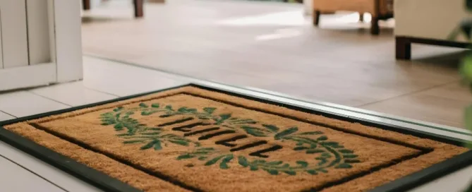 Un paillasson avec le mot "bienvenue" inscrit dessus.