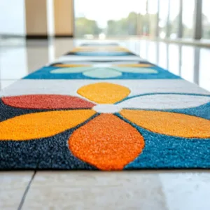 Un tapis coloré posé sur le sol d'un couloir.