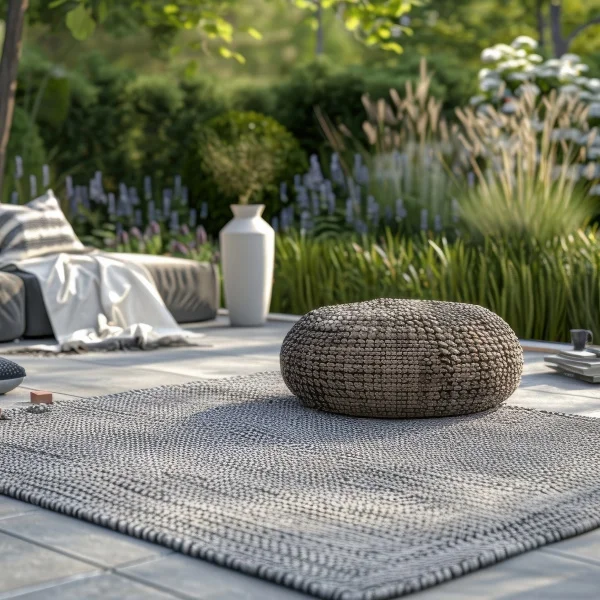 Pouf rond tissé posé sur un tapis d’extérieur gris, dans un jardin avec des plantes et un coin salon.