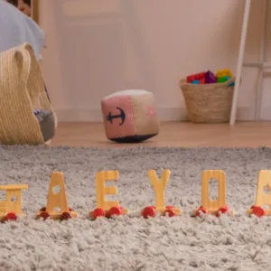 Lettres en bois formant le mot "joie" sur un fond neutre, évoquant une ambiance positive et joyeuse.