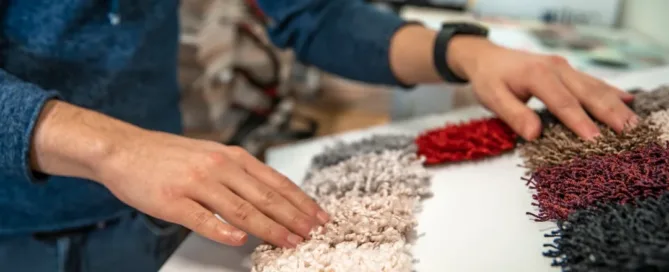 Un homme choisit des échantillons de tapis dans un magasin, examinant différentes textures et couleurs.