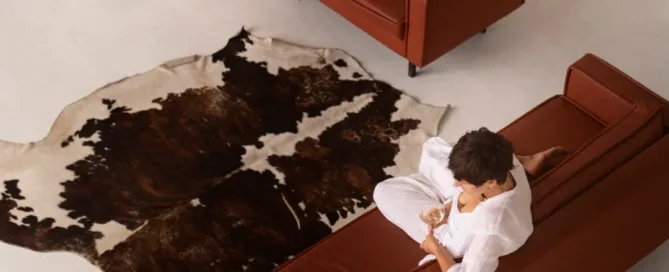 A woman sitting on a couch, relaxed, with a cowhide rug on the floor beneath her.